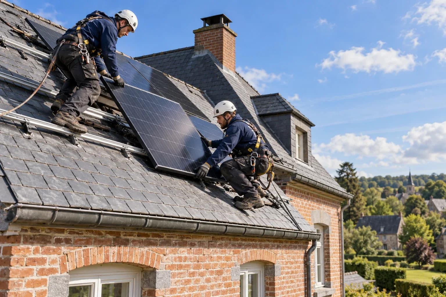 Twee technici plaatsen zonnepanelen op het leien dak van een bakstenen huis