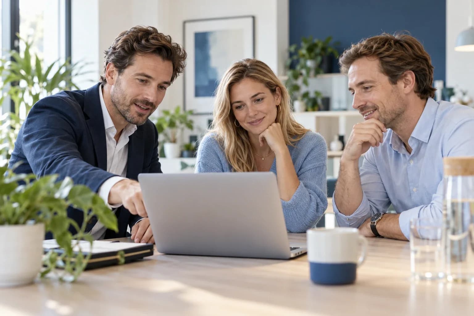 Un conseiller montre une offre sur son ordinateur à deux clients