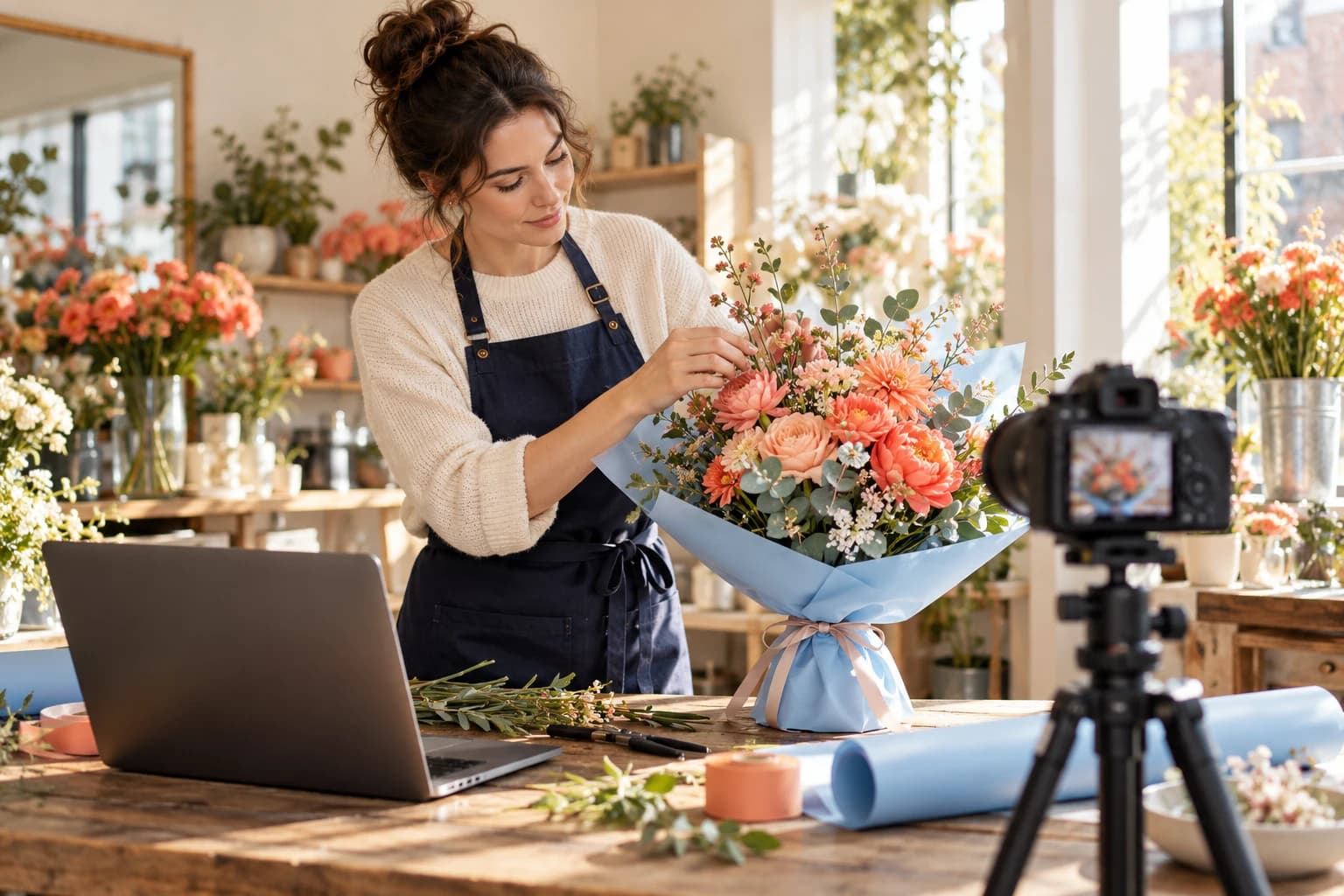 Une fleuriste photographie un bouquet dans sa boutique pour ses réseaux sociaux