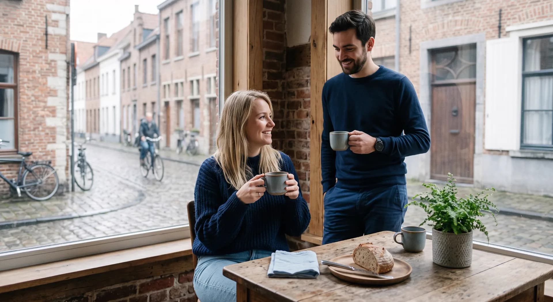 Un couple attablé dans un café d'une rue belge