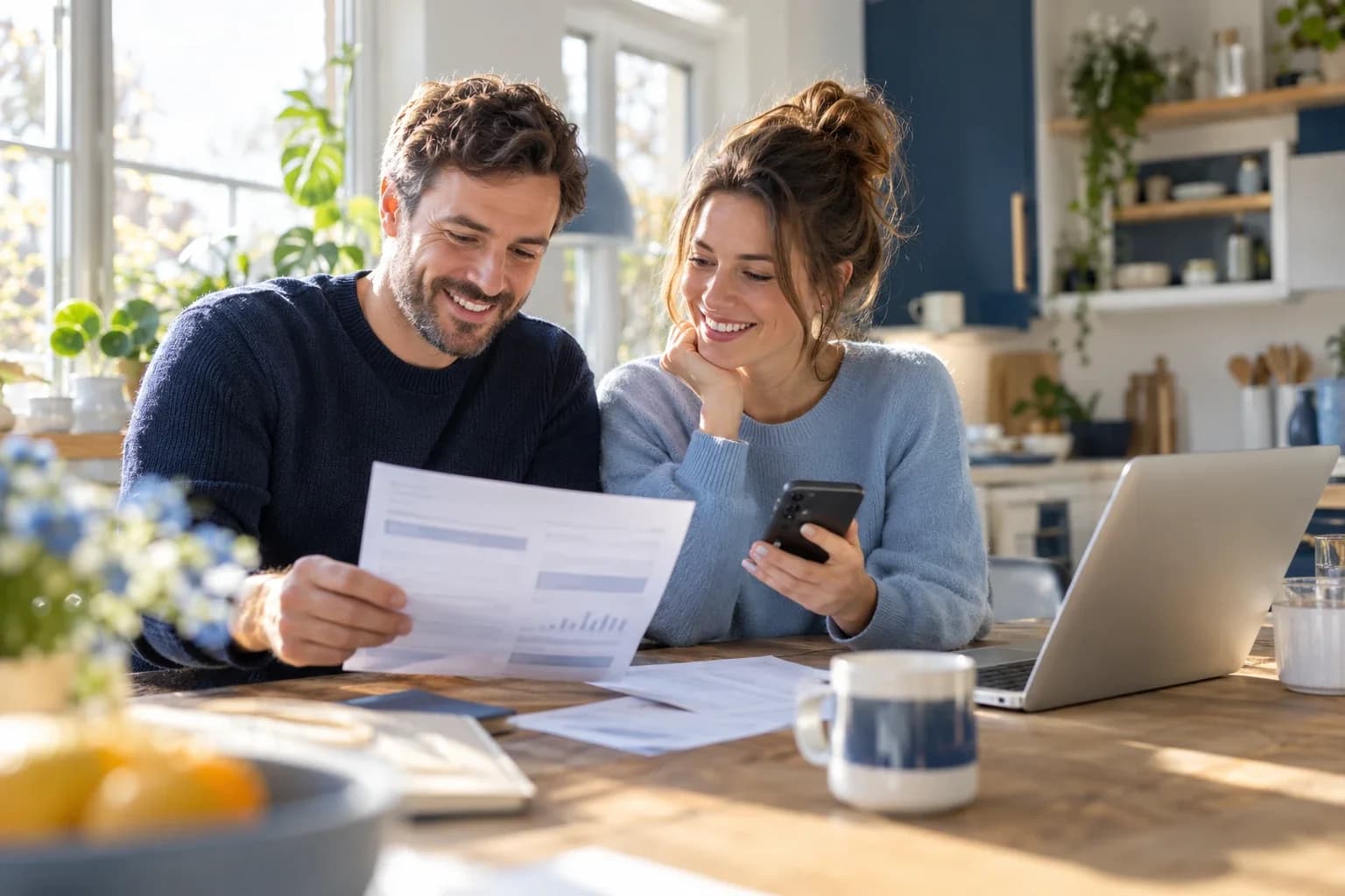 Een koppel vergelijkt zijn energiefactuur aan de keukentafel, met telefoon en laptop
