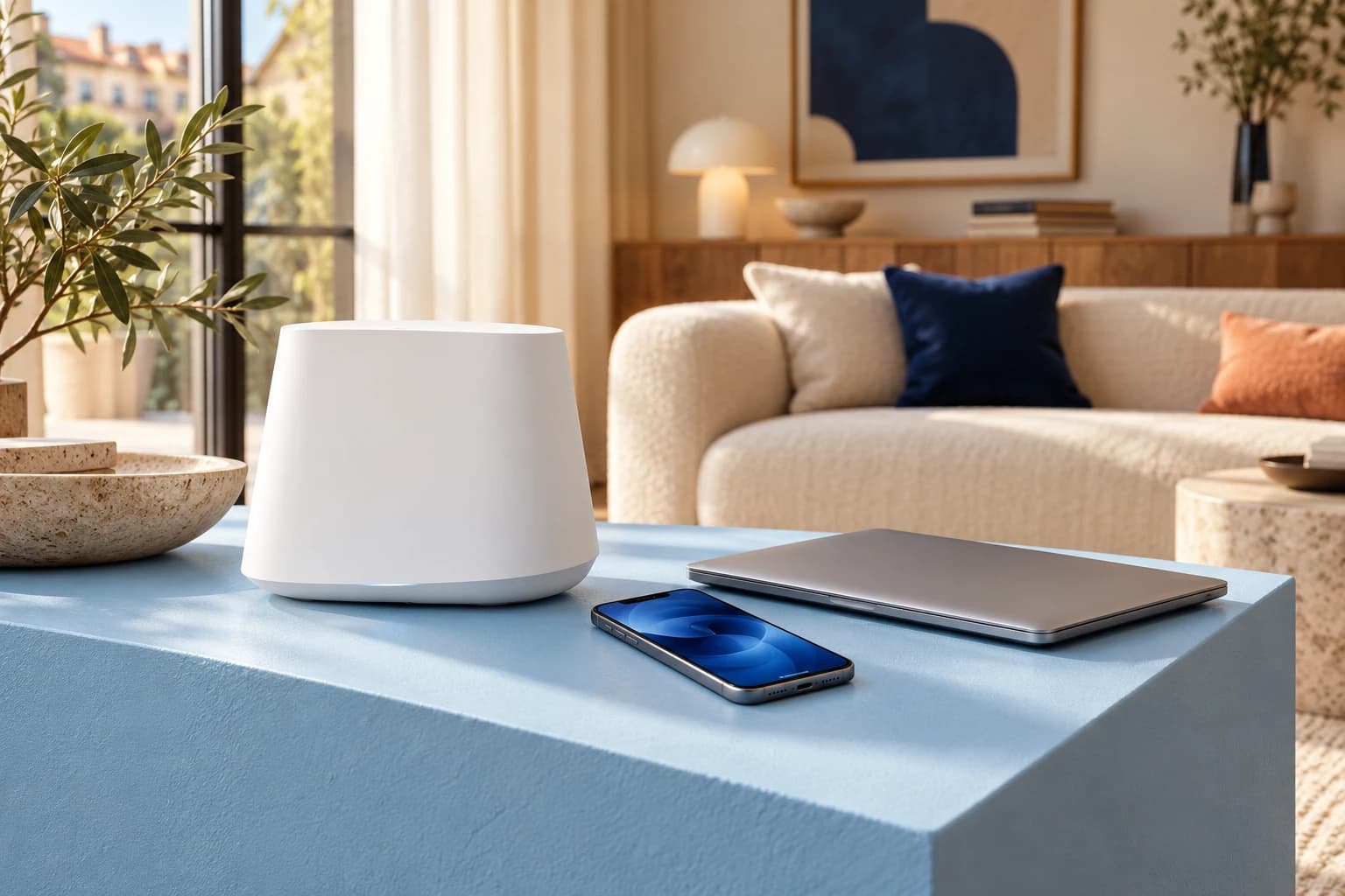 Een witte modem, een smartphone en een laptop op een salontafel